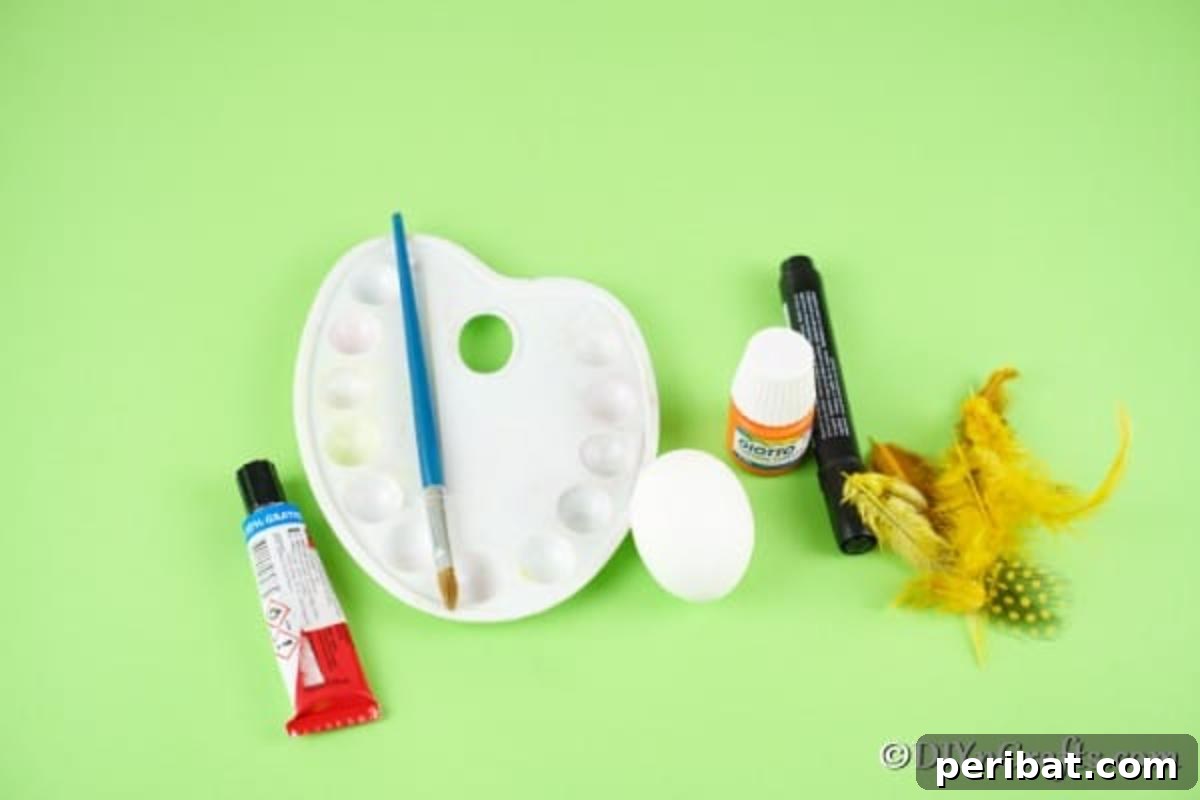 Craft Adorable Easter Egg Chickens A Step by Step Video Guide 7 Organized display of craft supplies including eggs, paint, feathers, and paper, ready for making Easter chicken decor