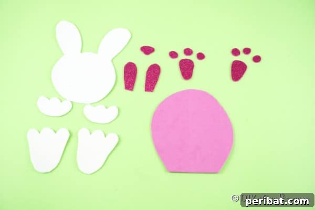 Crafting Charming Foam Easter Bunnies 10 All the foam paper bunny body parts, including glitter accents, laid out