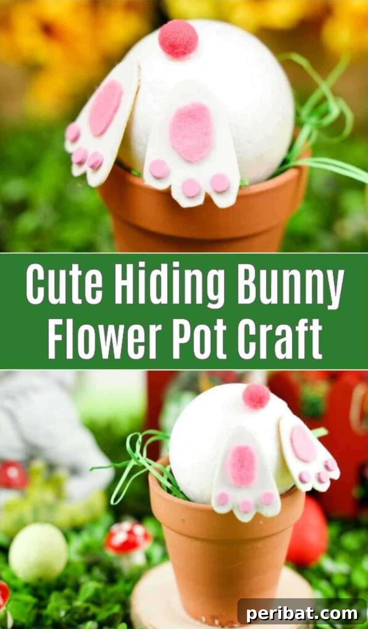 Easter Bunny Bloom Hideaway 2 Adorable bunny butt Easter decoration hiding in a terracotta flower pot, surrounded by vibrant flowers