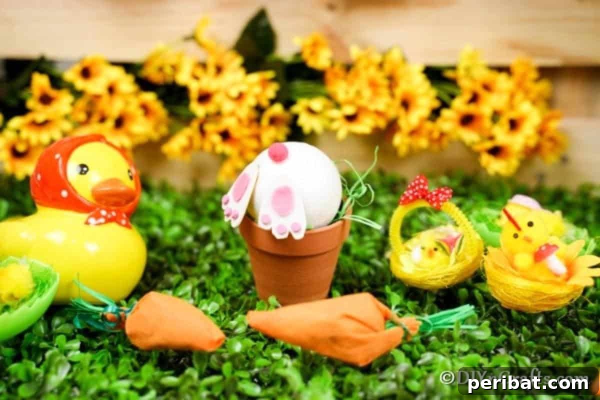 Easter Bunny Bloom Hideaway 5 Easter bunny flower pot decoration positioned in front of a cheerful yellow floral background