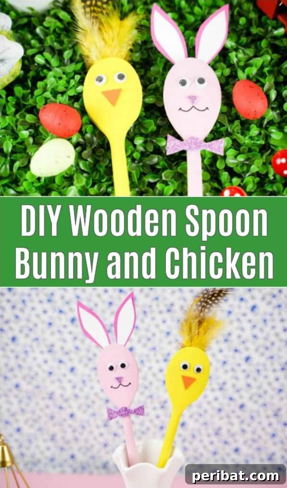 Pink wooden spoon bunny and yellow chicken