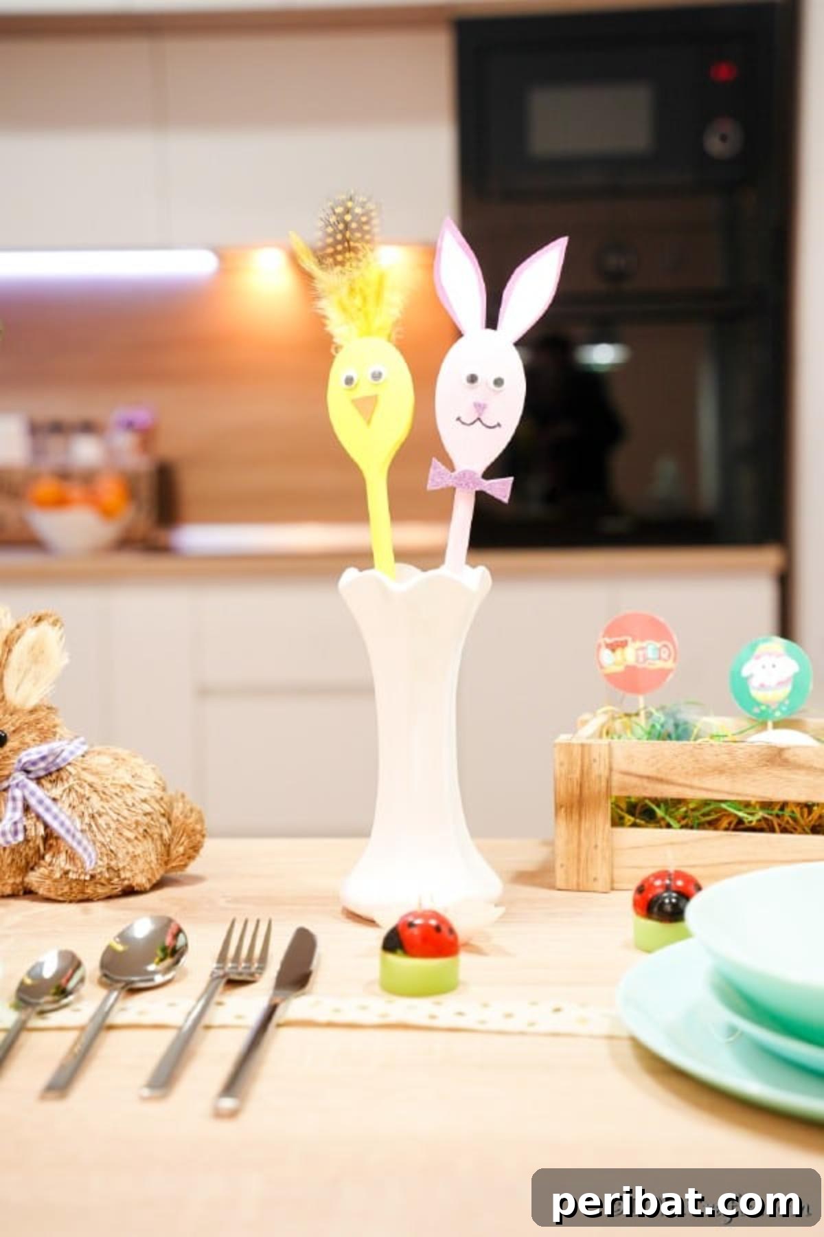 Easter wooden spoons on table