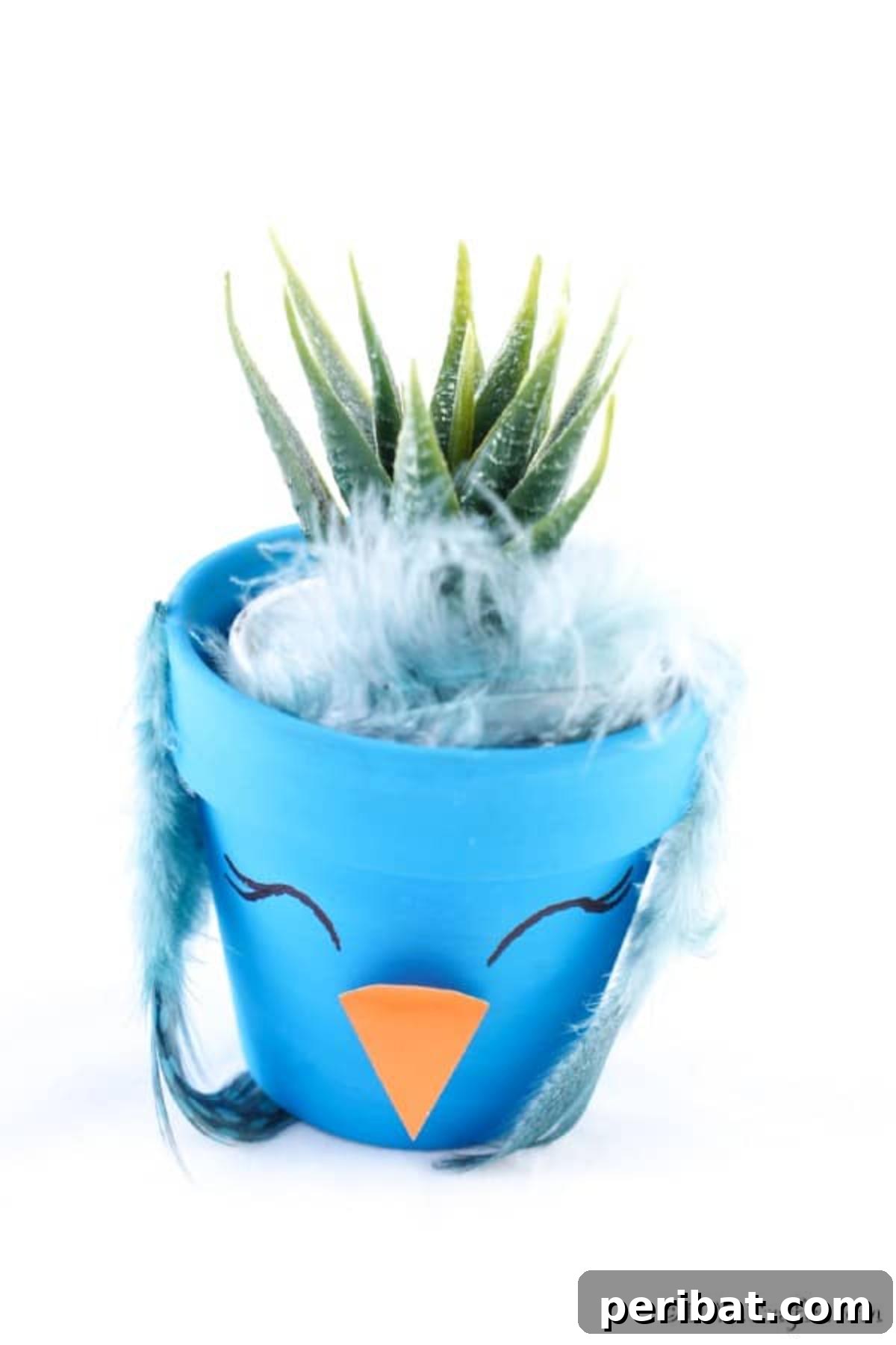 Whimsical Hand-Painted Bird Planter Charm 3 Close-up of a blue flower pot chicken holding a small aloe plant