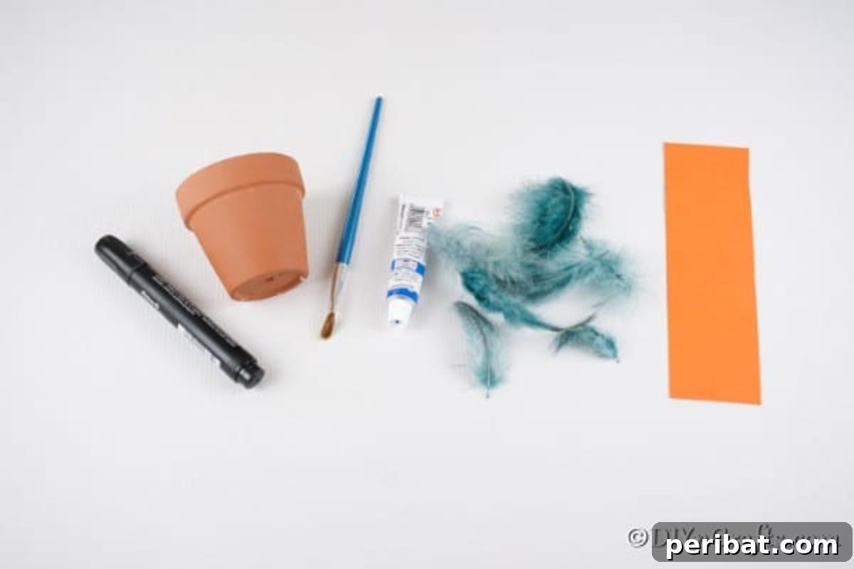 Whimsical Hand-Painted Bird Planter Charm 6 Craft supplies neatly arranged for making a flower pot bird