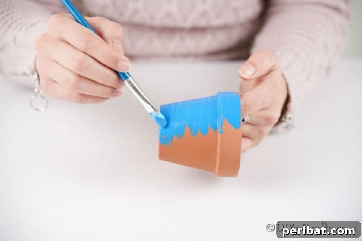 Whimsical Hand-Painted Bird Planter Charm 7 Painting a terra cotta flower pot with blue craft paint