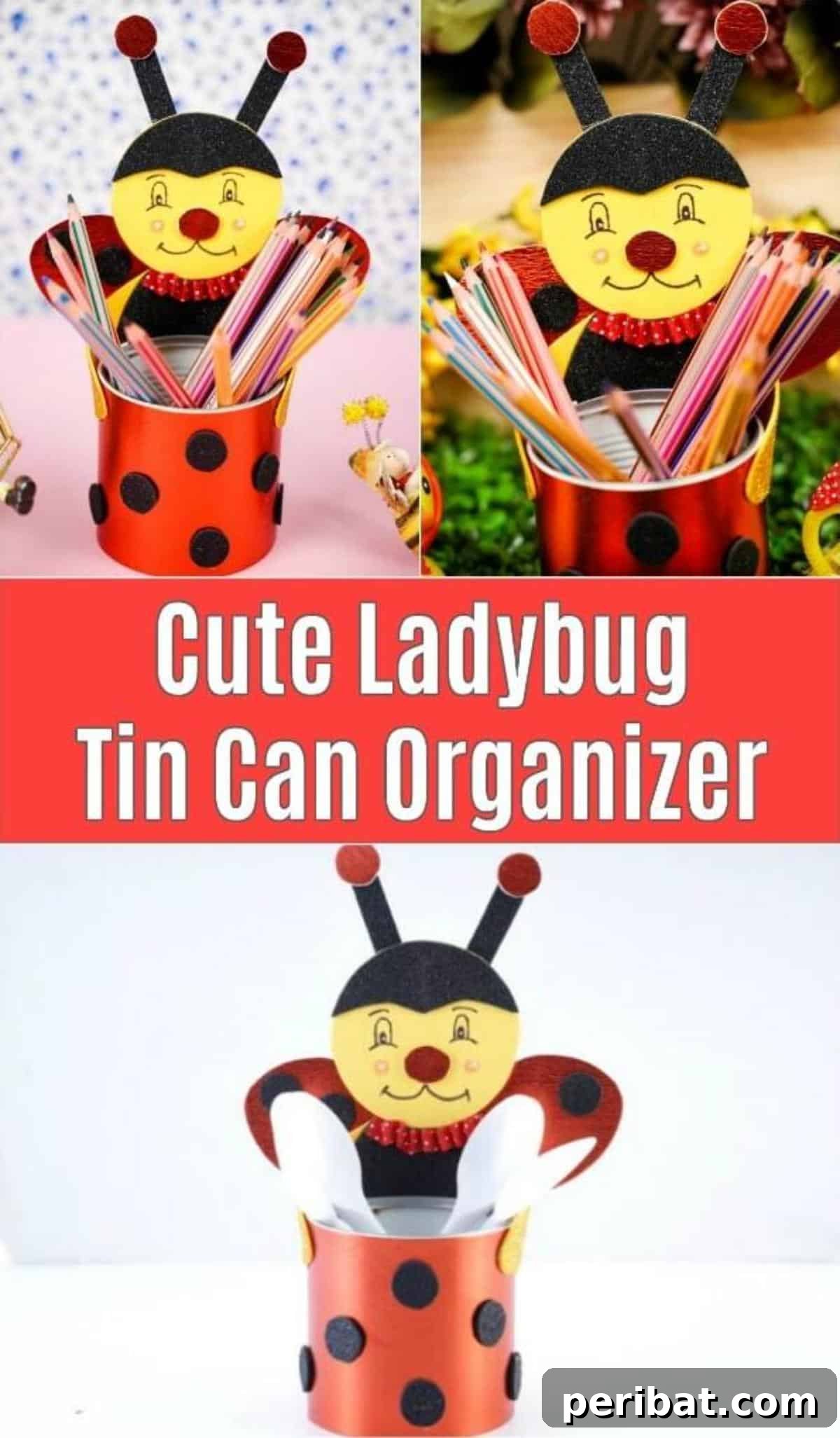Delightful Ladybug Tin Can Organizer Crafted from Recycled Materials