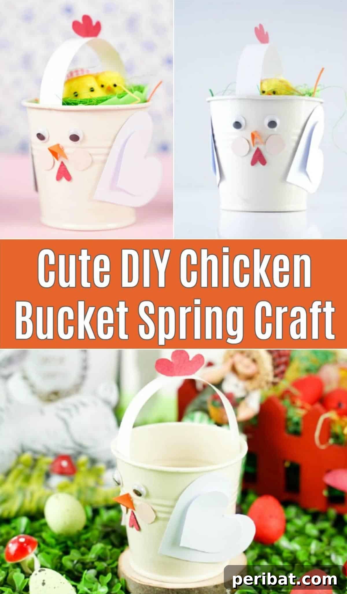 Simple Repurposed Bucket Spring Chicken 2 Chicken bucket craft collage featuring various stages of the craft and the finished product