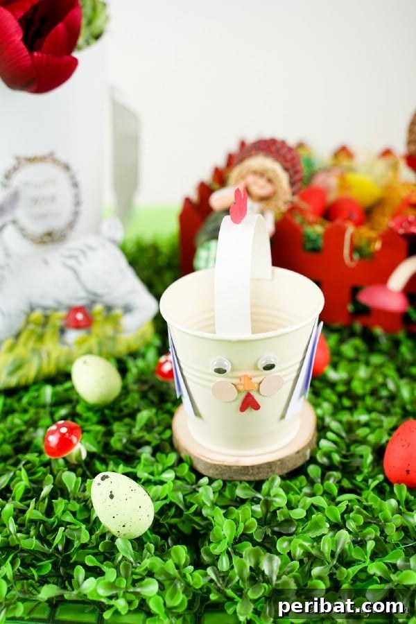 Chicken bucket on wood slice on fake grass