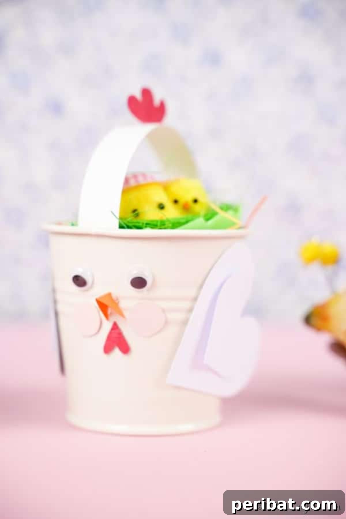 Simple Repurposed Bucket Spring Chicken 4 Chicken bucket craft filled with colorful Easter eggs, ready for display