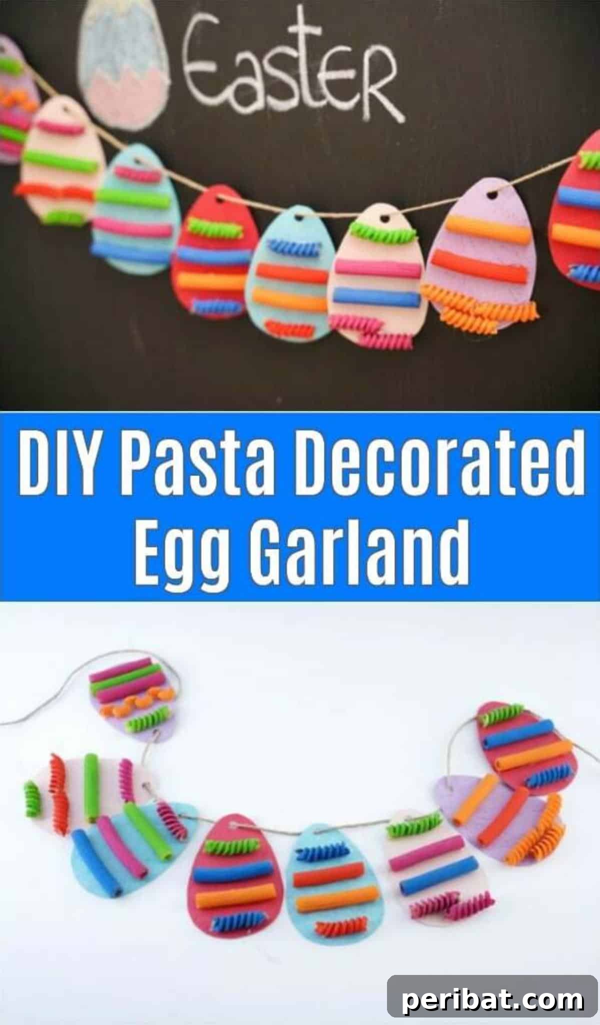 Whimsical Pasta Easter Egg Garland 2 Colorful pasta egg garland hanging on a chalkboard, set against a white surface