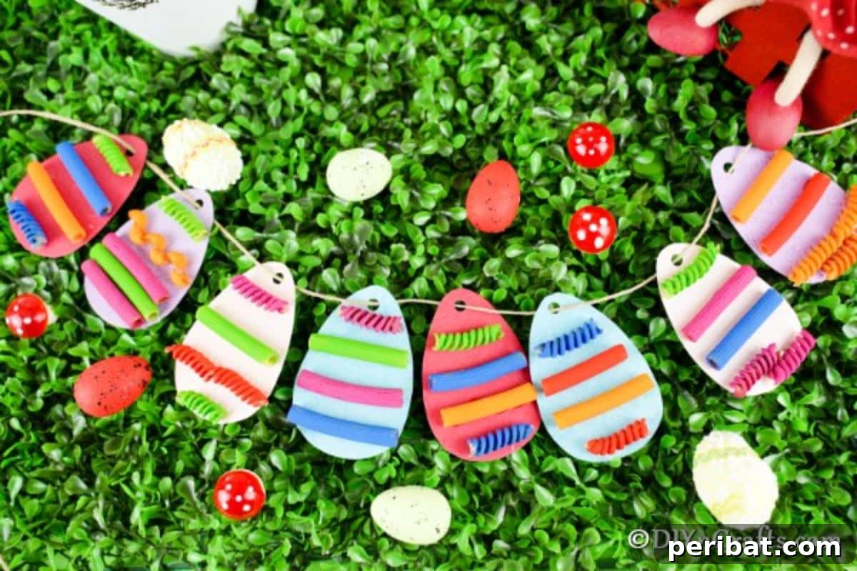 Whimsical Pasta Easter Egg Garland 8 A charming paper egg garland, adorned with subtle details, resting gently on green grass