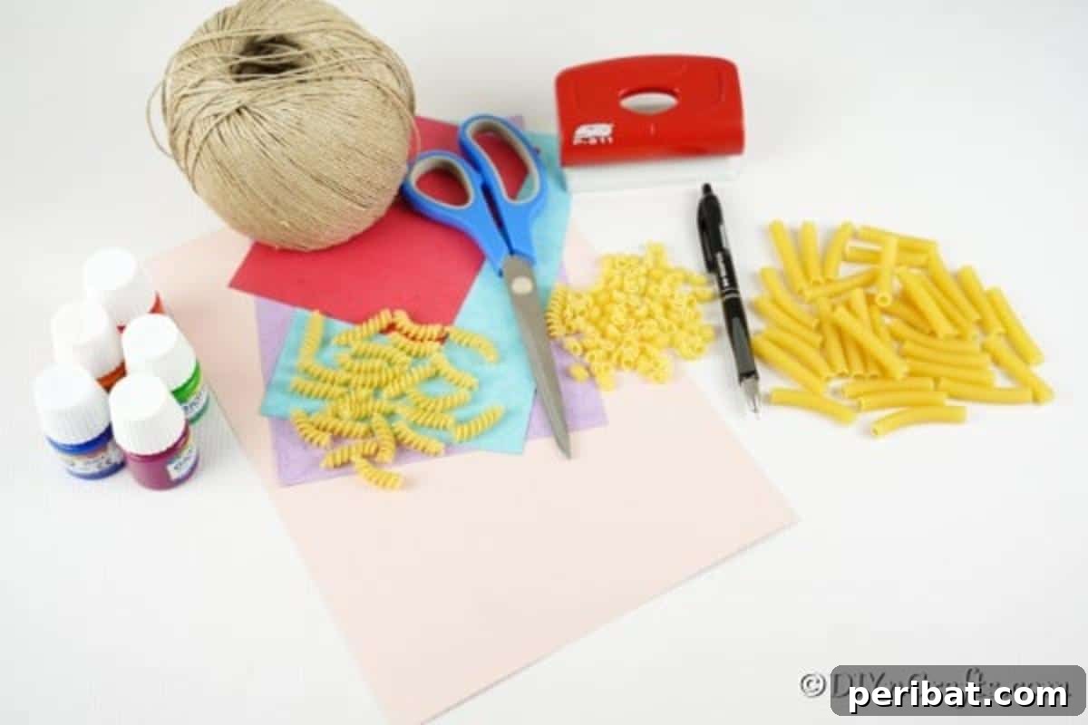 Whimsical Pasta Easter Egg Garland 9 A comprehensive collection of supplies laid out, ready for making a pasta Easter egg garland