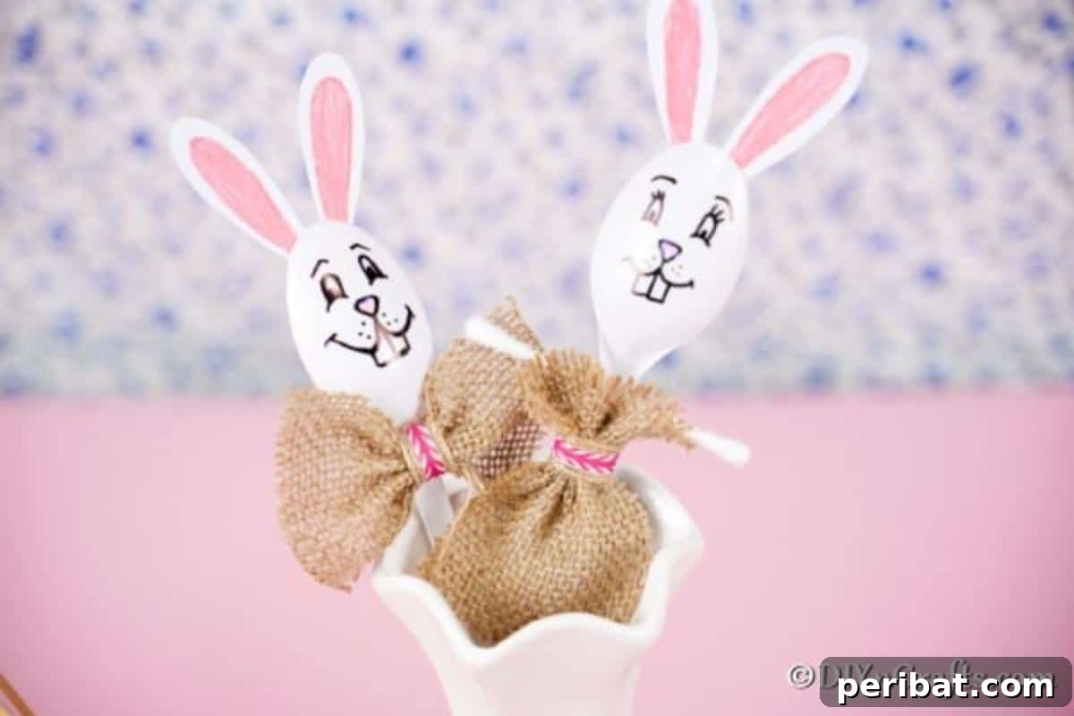 Adorable Upcycled Spoon Bunnies for Easter 3 Adorable plastic spoon bunnies displayed in a white vase