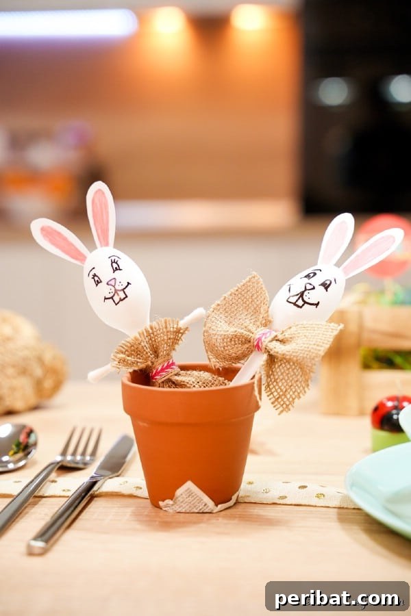 Adorable Upcycled Spoon Bunnies for Easter 25 plastic spoon bunnies in a flower pot on table