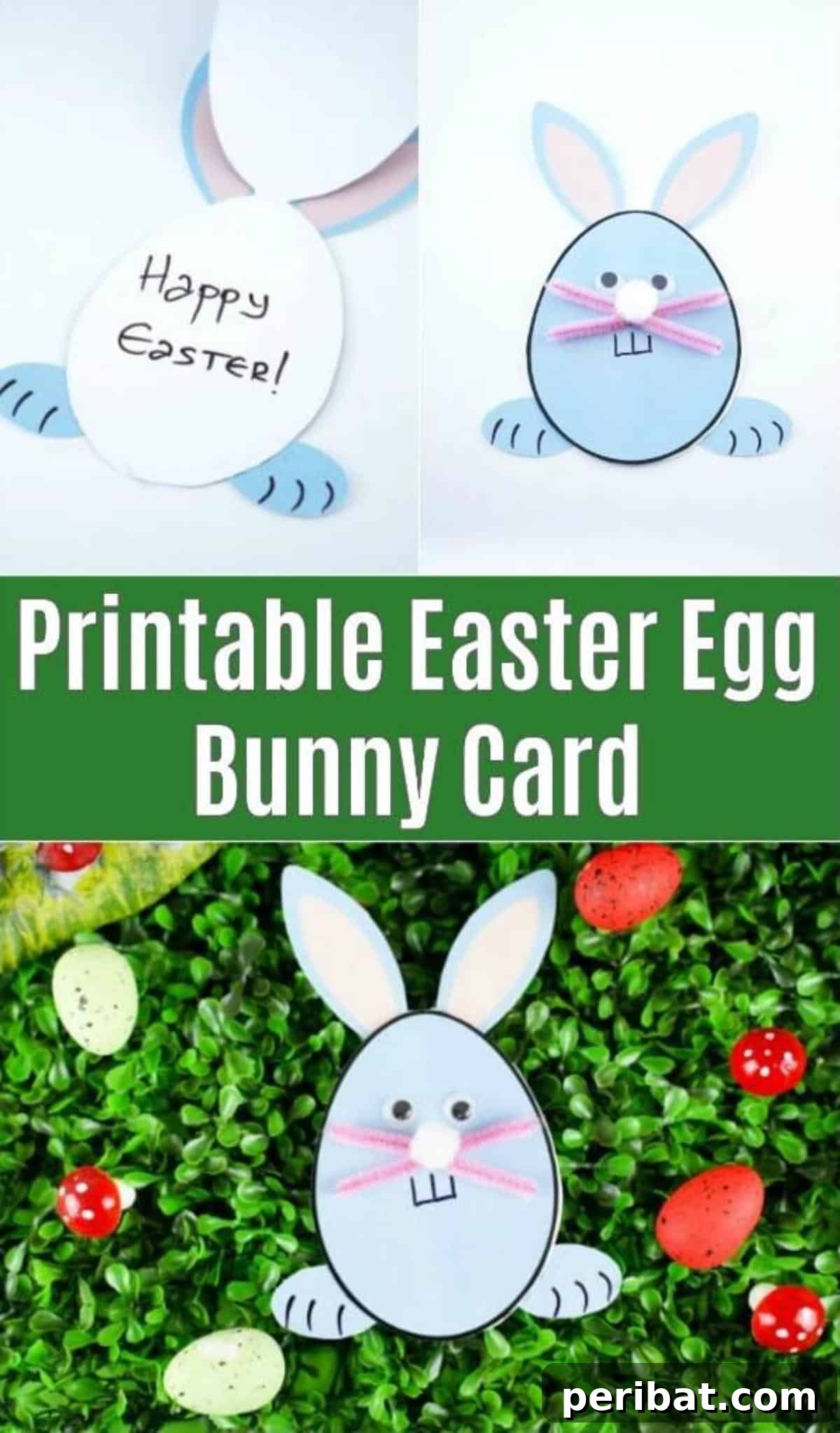 A vibrant collage showcasing various finished egg-shaped Easter bunny cards, highlighting different customizations and colors.