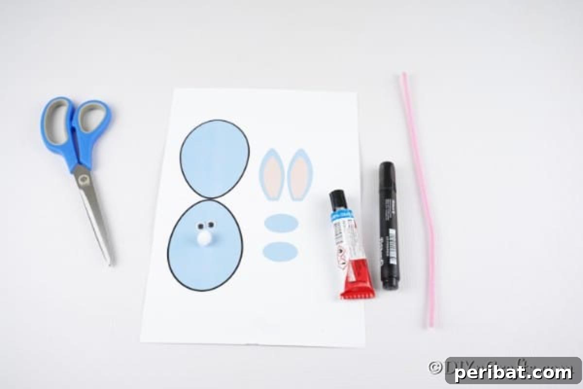A flat lay photograph showcasing all the supplies needed to create the Easter egg bunny card, including paper, scissors, glue, googly eyes, and pipe cleaners.