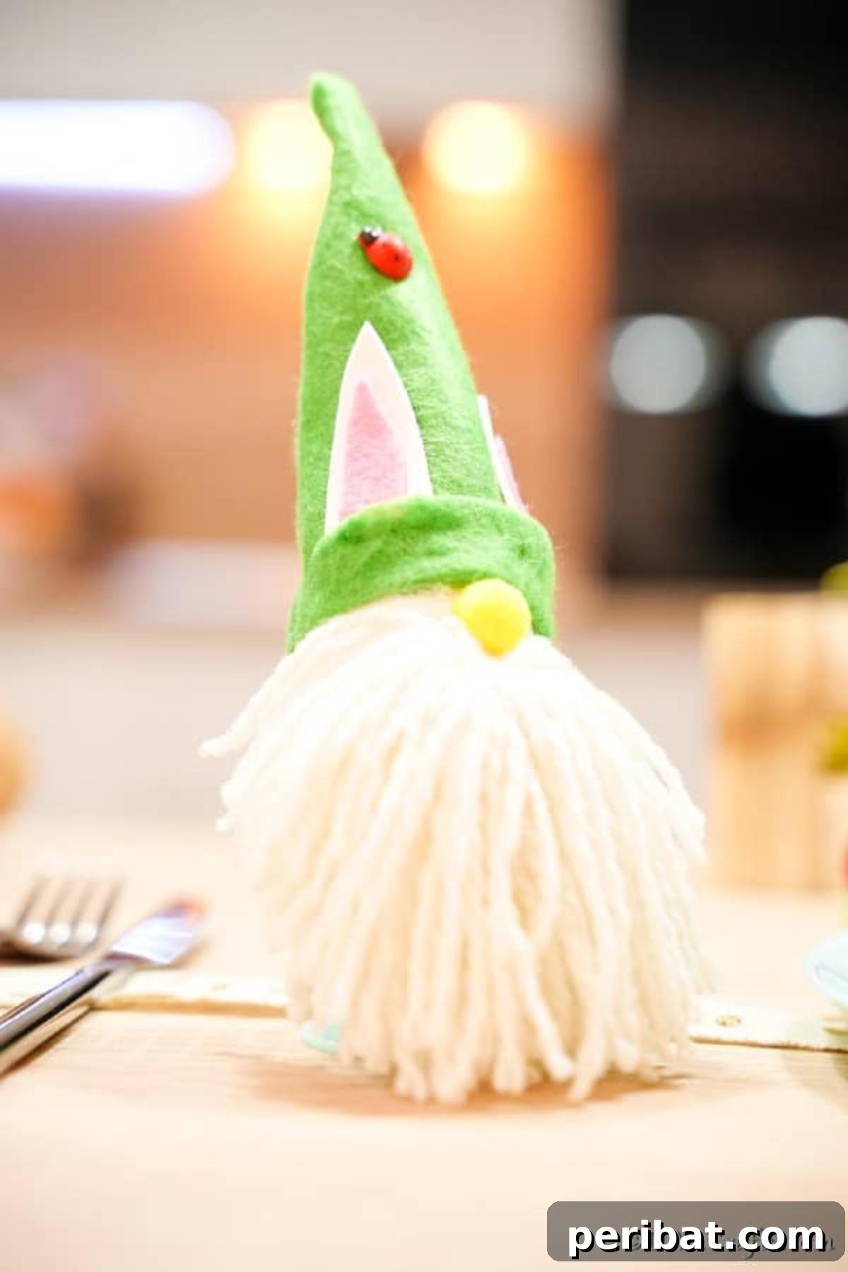 Whimsical Nordic Easter Gnome Creation 18 A group of three finished Easter gnomes displayed on a wooden dinner table with other spring decorations, creating a festive centerpiece.