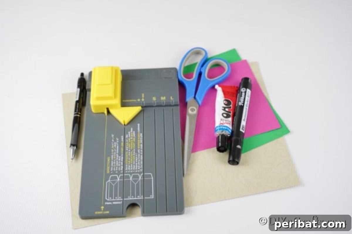 DIY Easter Treat Pouch Video Guide 6 A flat lay of all the supplies needed for the paper Easter candy holder craft, including various colored papers, glue, markers, scissors, and a ruler