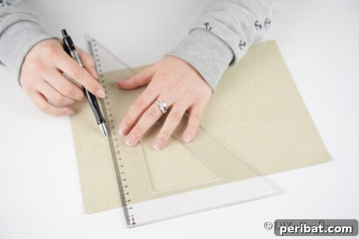 DIY Easter Treat Pouch Video Guide 7 A hand measuring white paper with a ruler, preparing to cut it into a square for the craft