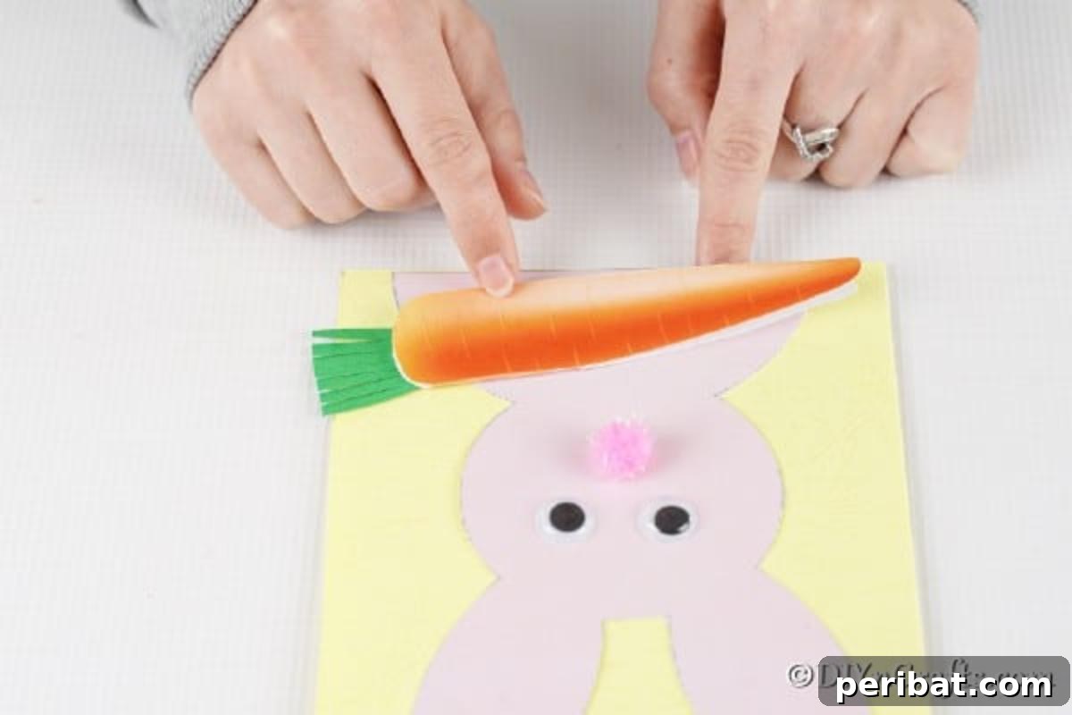 DIY Easter Bunny Card Free Printable Video 14 Gluing carrot to bunny