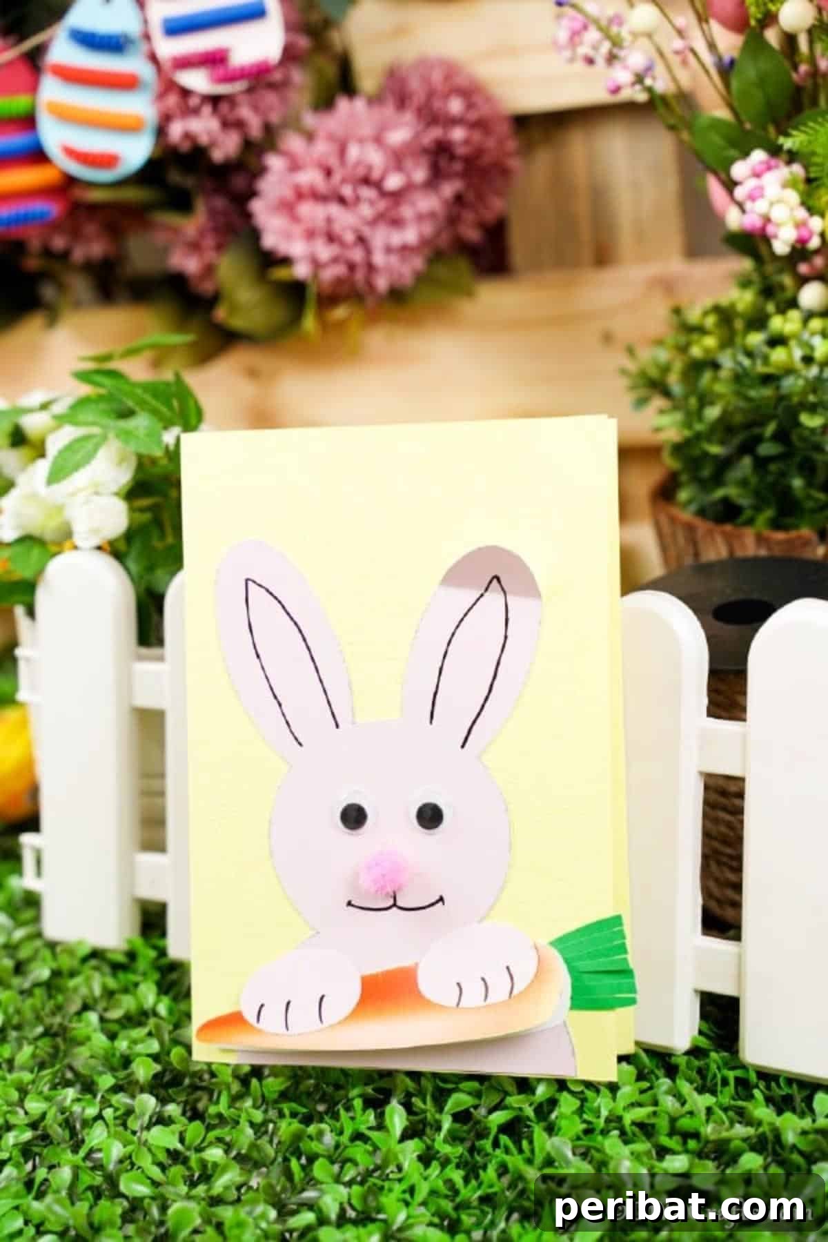 DIY Easter Bunny Card Free Printable Video 16 Easter bunny card propped against tiny white fence