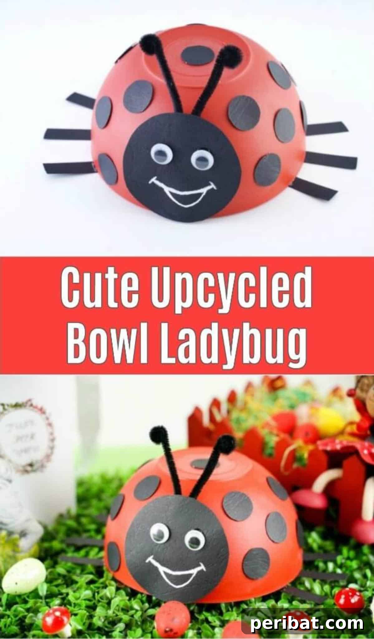 Repurposed Ladybug Bowl Art 2 Cheerful upcycled bowl ladybug decoration resting on lush green grass, perfect for spring garden decor.
