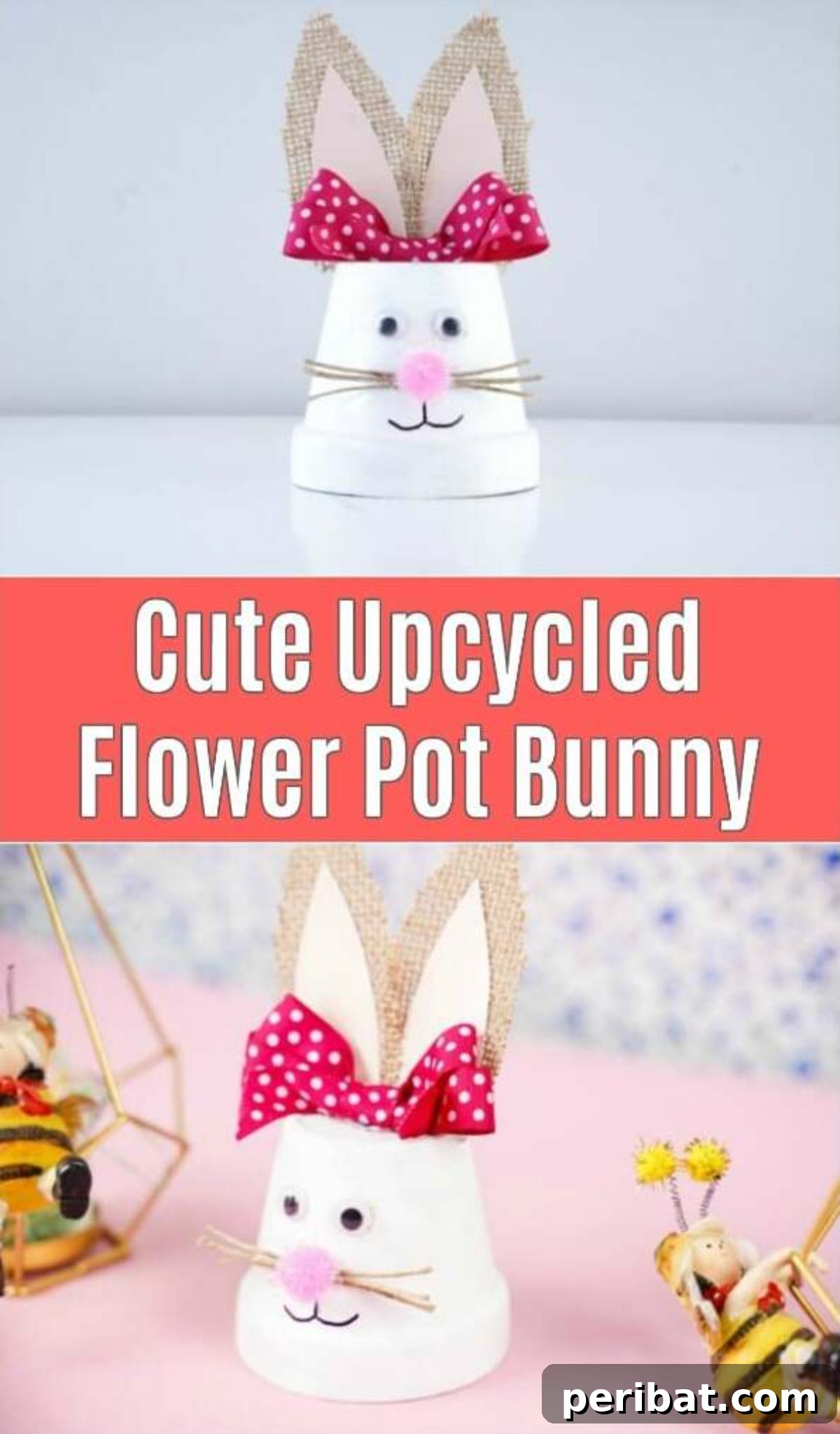 Charming Repurposed Planter Bunnies for Easter 2 Adorable Upcycled Flower Pot Easter Bunny with a pink bow, ready for display.