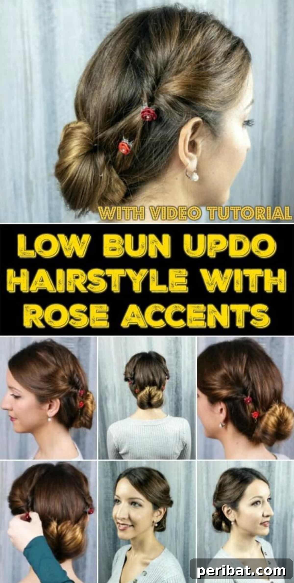 Rose-Kissed Low Bun Updo 2 A beautiful collage showcasing the elegant low bun updo hairstyle with intricate rose accents, perfect for various occasions.