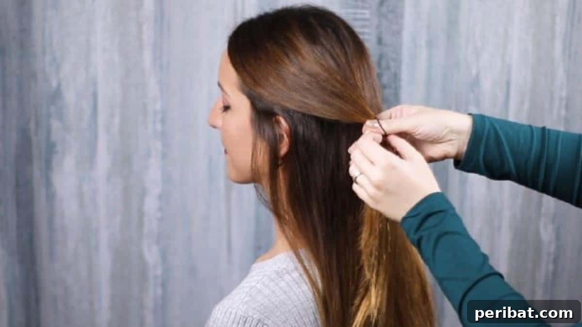 Rose-Kissed Low Bun Updo 7 Hands carefully gathering the top section of brunette hair into a small, low ponytail as the initial step for an updo.