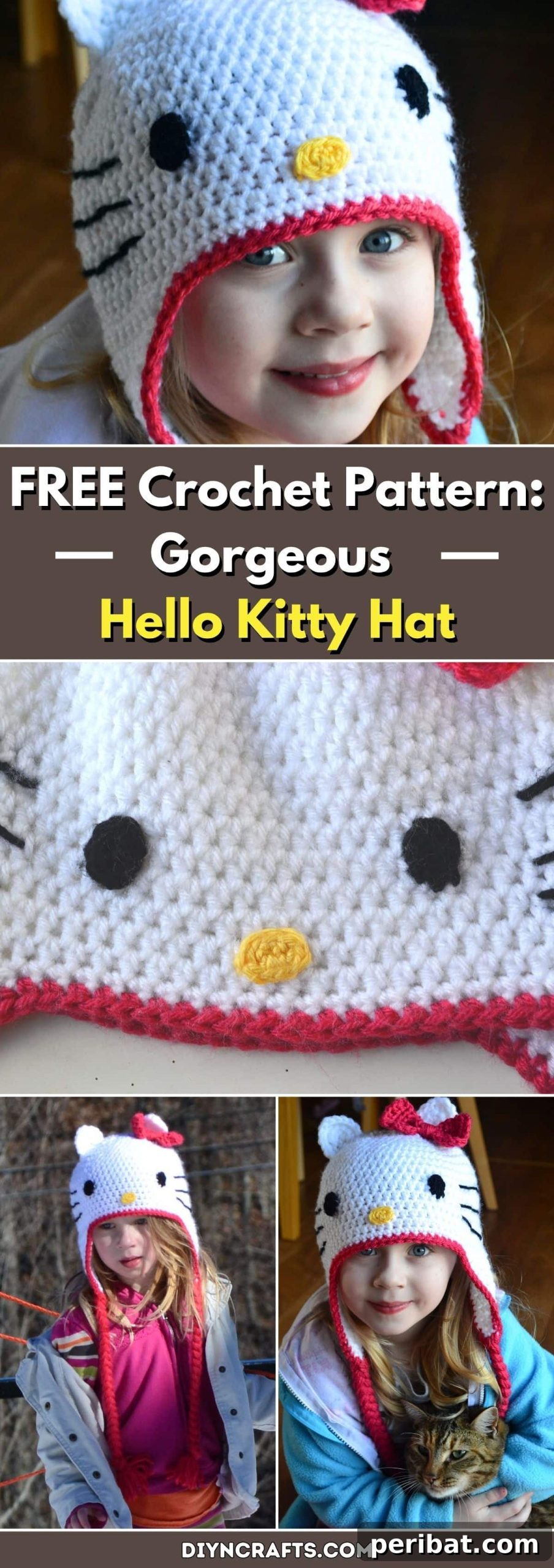 Gorgeous Hello Kitty Hat FREE Crochet Pattern 2 FREE Crochet Pattern: Gorgeous Hello Kitty Hat pinterest image