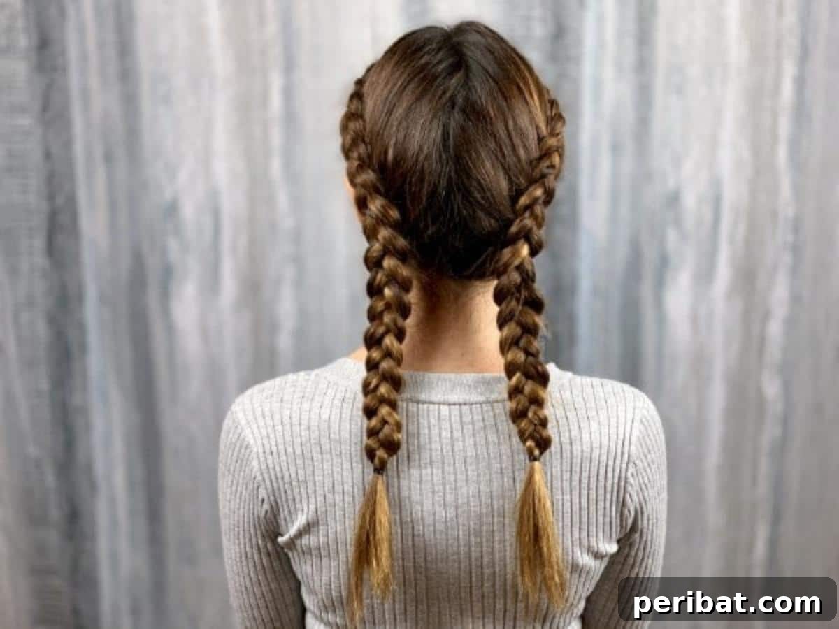 Gorgeous Double Dutch Braids: Step-by-Step Video Guide 14 Back view of neatly finished double Dutch braids on a brunette, showing the full length
