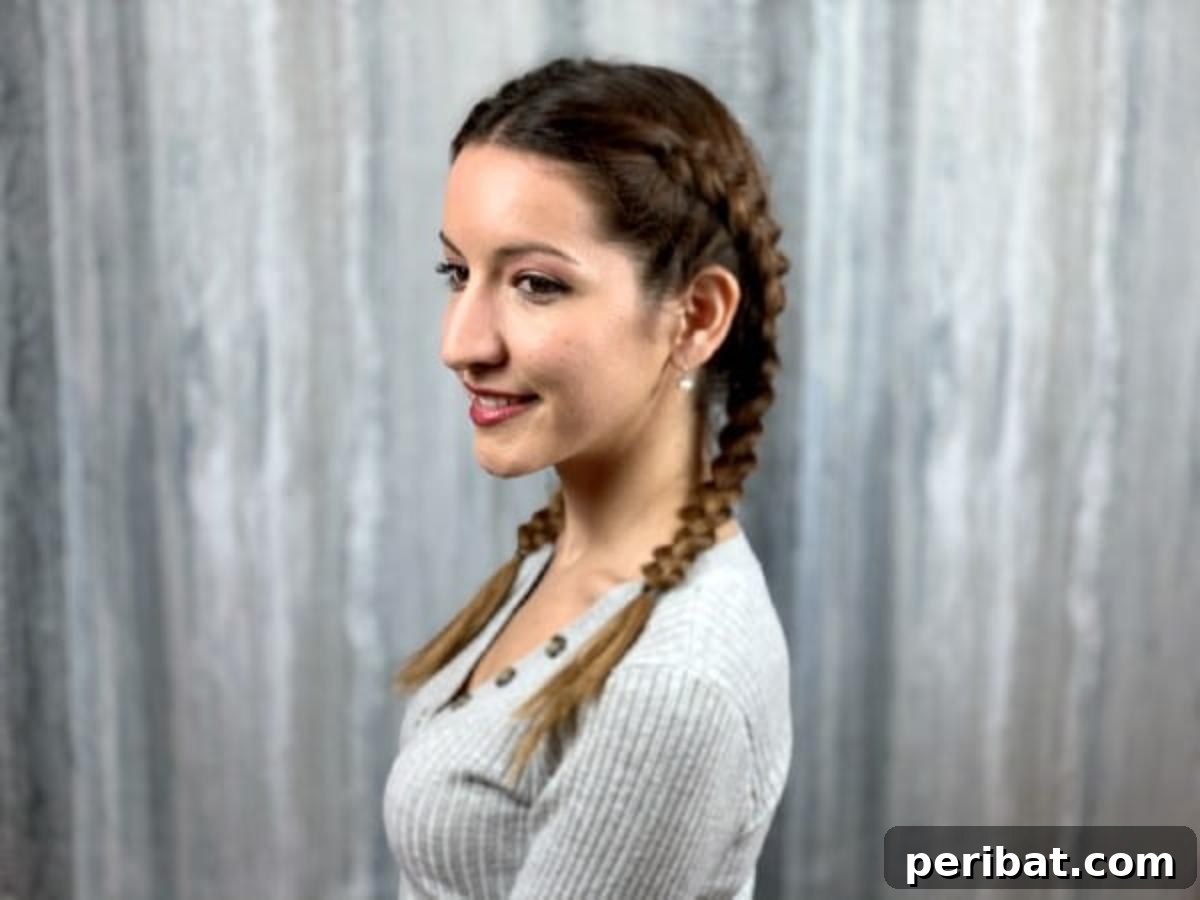 Gorgeous Double Dutch Braids: Step-by-Step Video Guide 4 Smiling brunette model with perfectly executed double Dutch braids, showcasing the raised braid effect