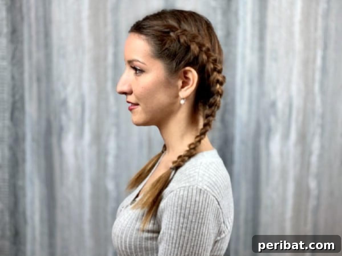 Gorgeous Double Dutch Braids: Step-by-Step Video Guide 5 Side view of a meticulously crafted double Dutch braid, highlighting the detailed texture and precision