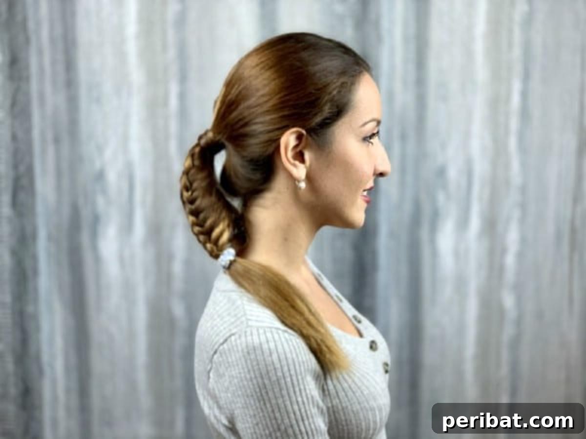 Another side view of the fishtail ponytail, emphasizing its structure and length