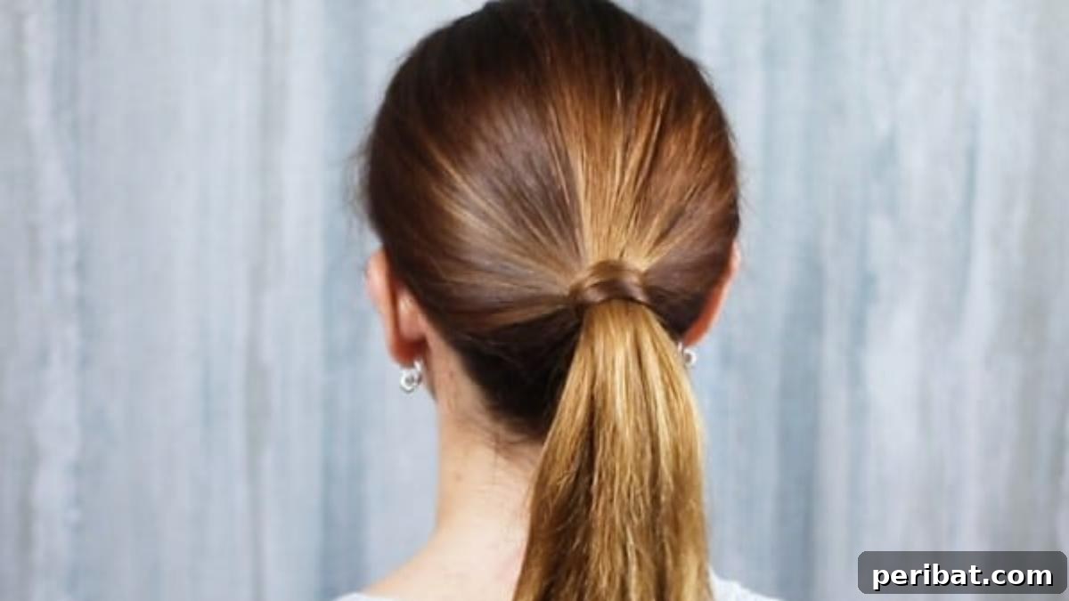 The secured ponytail with the hair tie neatly concealed by a wrapped section of hair