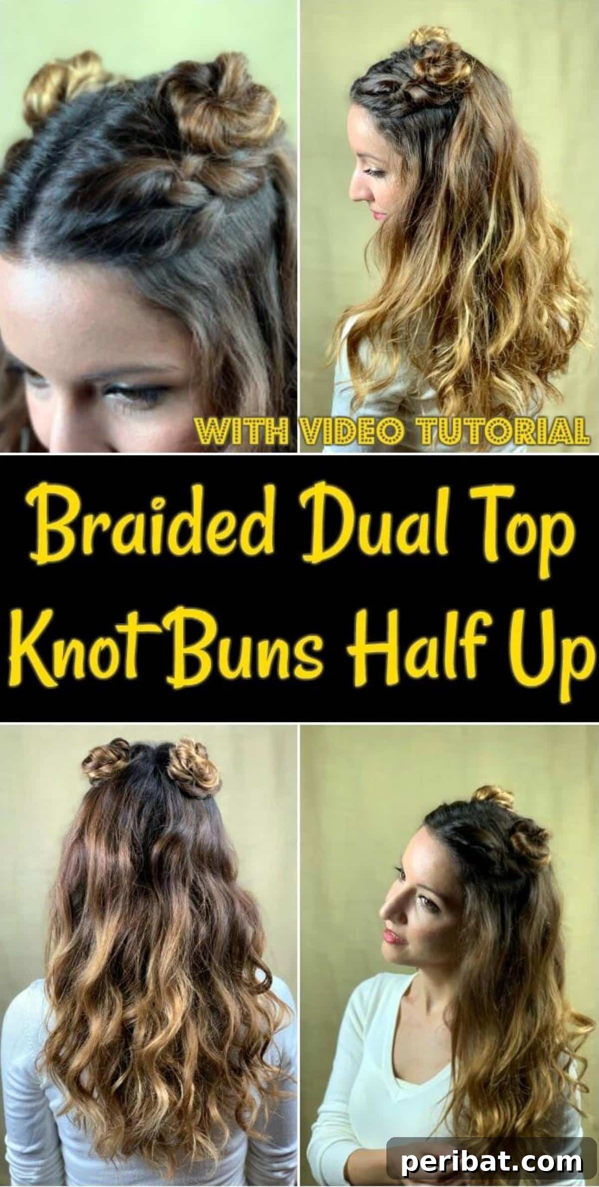 Chic Braided Twin Bun Half Updo 2 Braided dual top knots collage showing various angles of the hairstyle