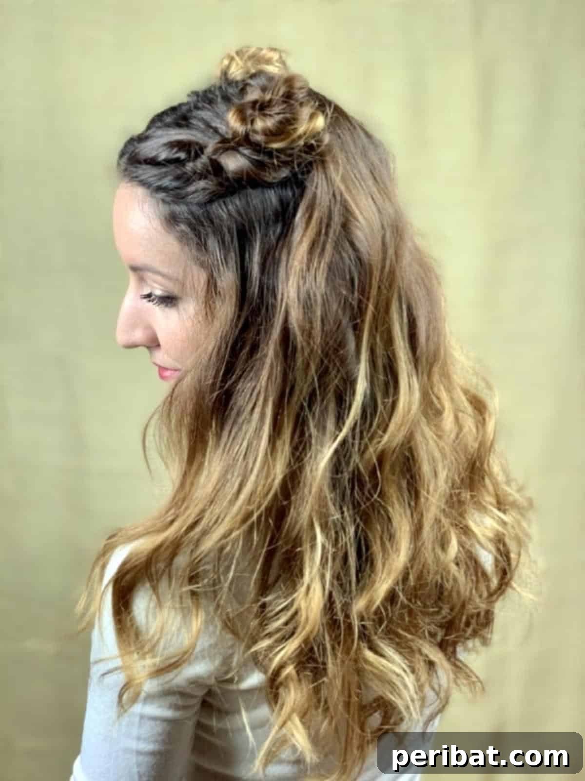 Chic Braided Twin Bun Half Updo 3 Side view of dual top knot hairstyle on brunette hair