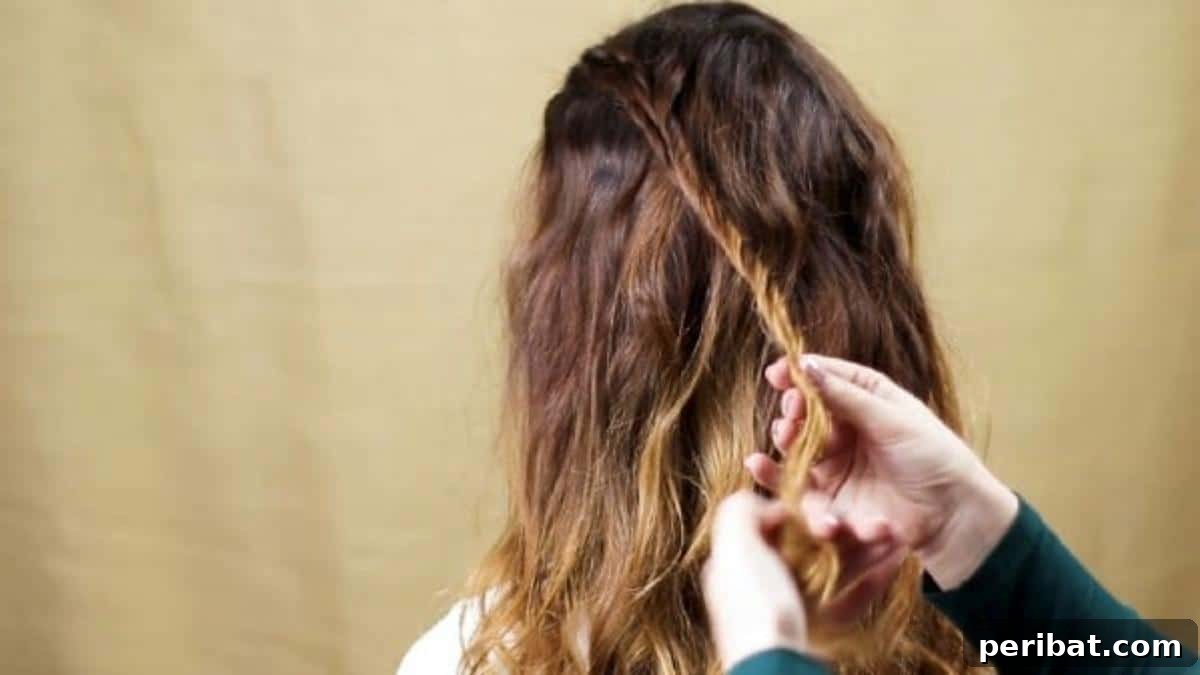 Chic Braided Twin Bun Half Updo 8 Continuing to braid down the length of the brown hair section