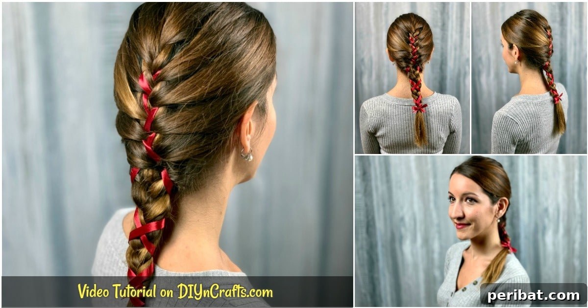 Sweet Ribbon Braid Style 2 A beautiful collage showcasing different views of a simple braid with a ribbon woven through it, highlighting its charm and elegance.
