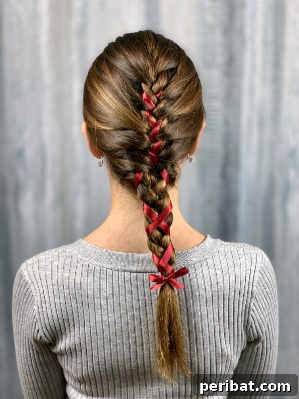 Sweet Ribbon Braid Style 14 The stunning back view of a finished simple braid with a perfectly woven ribbon and a bow, showcasing the complete and elegant hairstyle.