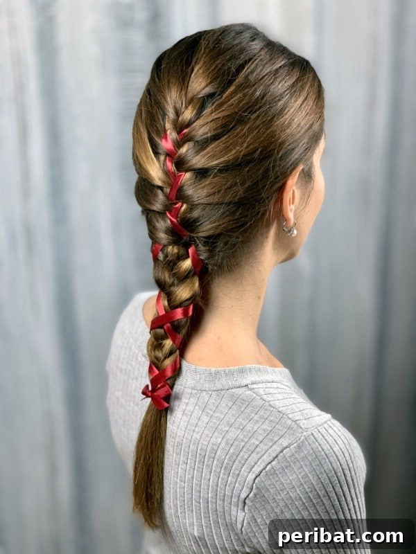 Sweet Ribbon Braid Style 4 A beautiful back view of a person's hair styled into a simple braid, featuring a woven ribbon that adds color and charm to the overall look.