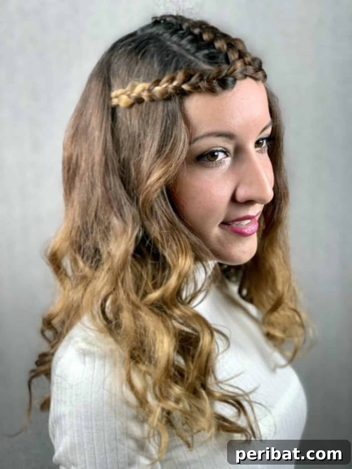 Regal Braided Crown Updo Video Steps 15 Final look: A beautiful brunette modeling the complete Braided Crown Princess Hairstyle.