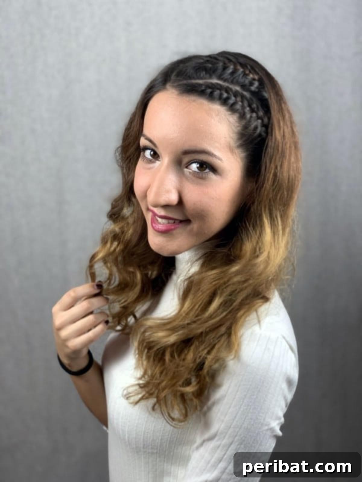 Quick Side Braided Half Up Tutorial 18 Brunette woman confidently showcasing her finished side braided hairstyle