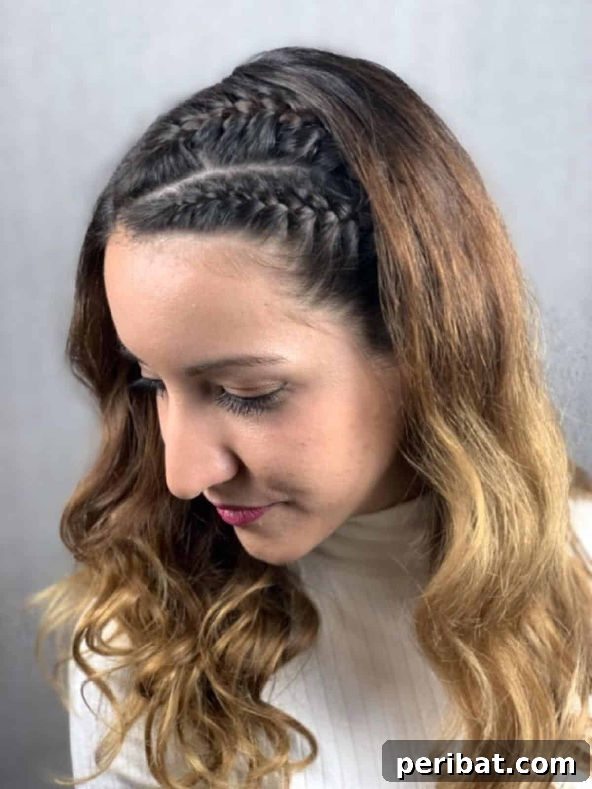 Quick Side Braided Half Up Tutorial 3 Close-up view of intricate side braids on dark hair