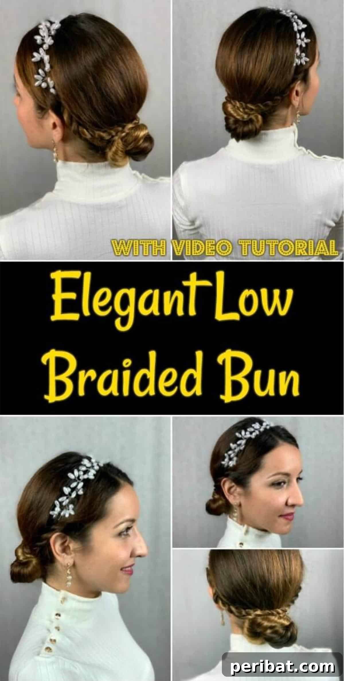Chic Low Braided Updo Tutorial 2 Collage showcasing the final elegant low braided bun hairstyle from different angles