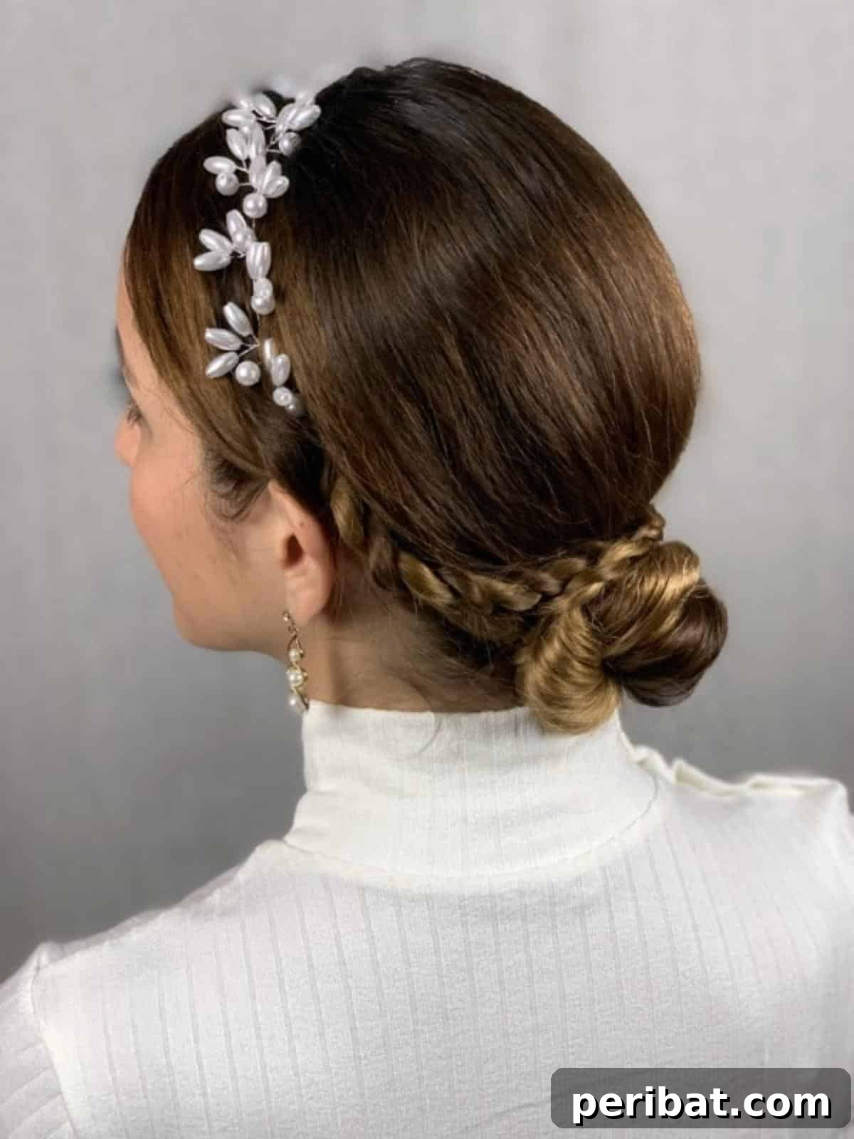 Chic Low Braided Updo Tutorial 16 Full view of the finished elegant low braided hairstyle with the bun and surrounding braids