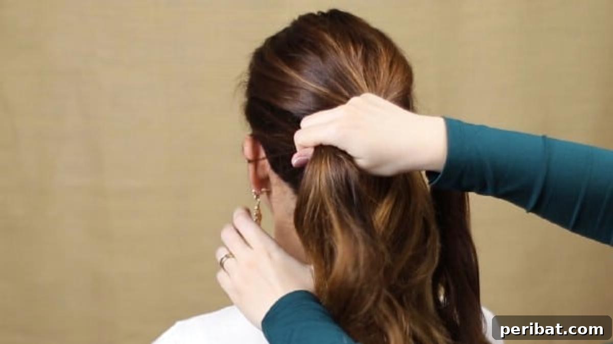 Quick and Chic Braided Messy Bun Video 6 Separating the right side section of hair into a ponytail