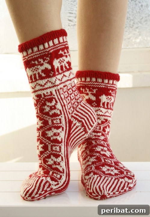 Festive Red and White Knit Socks with Heart Design