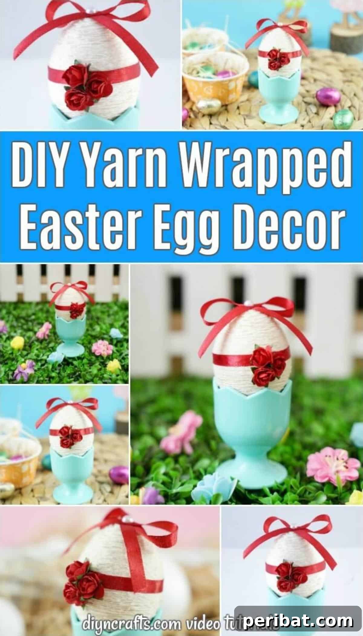 Crafting Yarn Wrapped Easter Eggs 2 Beautiful blue yarn wrapped Easter egg in an egg cup
