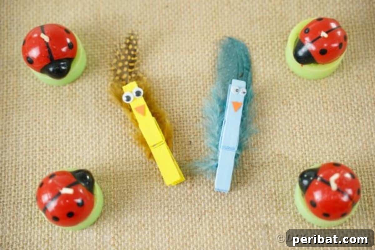 Whimsical Repurposed Clothespin Birds 10 Clothespin birds on burlap with ladybugs